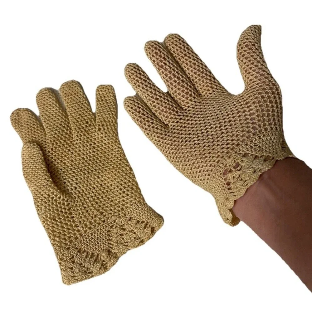 Vintage Ivory Crochet Lace Gloves Floral Victorian Style Cottagecore Cream Small